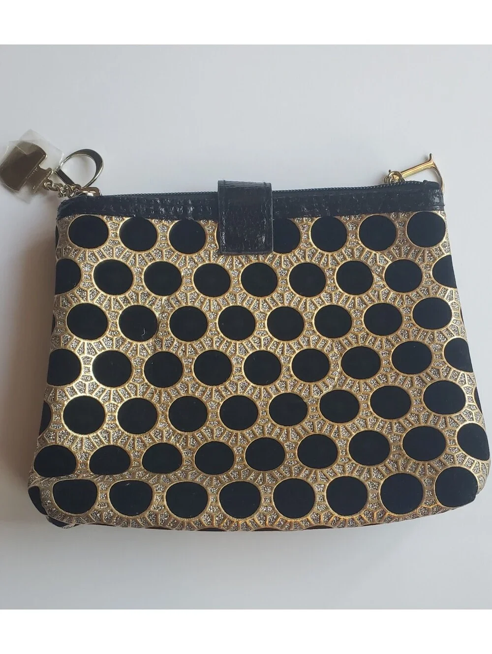 Dior Beauty Black & Gold Lattice Polka Dot Pouch Makeup Bag with Charms